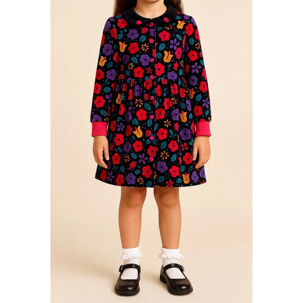 GYMBOREE‎ Girl's Vintage Black Floral Velour Button Front Dress XL Long Sleeve